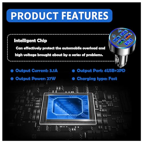 6 Port Fast USB Car Charger (PD+QC3.0),Cigarette Lighter USB Charger with LED Digital Display,Universal Car Charger Adapter Car Accessories Interior for Most 12V/24V Vehicles