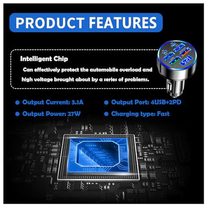 6 Port Fast USB Car Charger (PD+QC3.0),Cigarette Lighter USB Charger with LED Digital Display,Universal Car Charger Adapter Car Accessories Interior for Most 12V/24V Vehicles