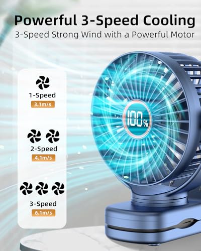 buywoo Portable Mini Personal Fan, Small Rechargeable Battery Powered Stroller Fan for Desk, Strong Clamp Grip, 360° Rotation, 3-Speed, LED Display, Clip On Cooler for Bed, Golf Cart, Office, Blue - color: Blue