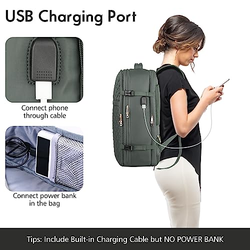 Large Travel Backpack Women, Flight Approved Carry On Backpack, Water Resistant Anti-Theft Large Casual Daypack Fit 17 Inch Laptop with USB Charging Port, Olive Green - color: Olive Green, size: 17.3 inch