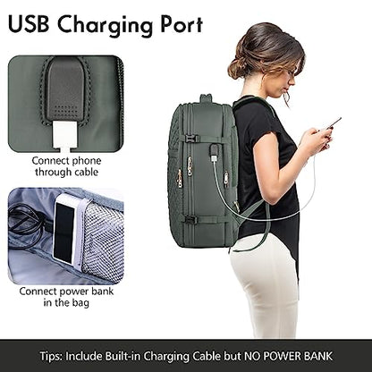 Large Travel Backpack Women, Flight Approved Carry On Backpack, Water Resistant Anti-Theft Large Casual Daypack Fit 17 Inch Laptop with USB Charging Port, Olive Green - color: Olive Green, size: 17.3 inch