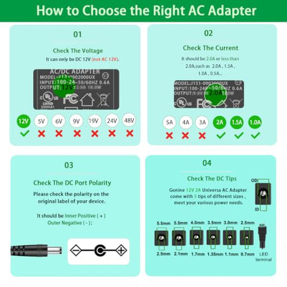 12V 2A Power Supply Adapter with ON/Off Switch, for 12V LED Strip Light. | AC 100-240V 50-60hz, fit for 12Vdc LED Strip Light Hard Drive CCTV Camera Keyboard Router DVD Player, with 5 DC Tips.