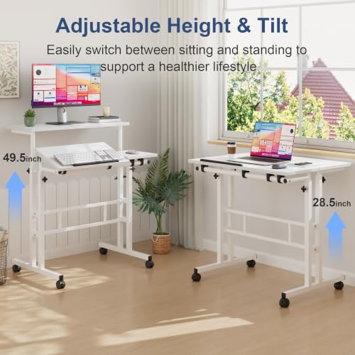 VECELO Mobile Small Standing Desk Adjustable Height, Computer Workstations with Tiltable Tabletop, Lockable Wheels, Portable Rolling Laptop Desk for Home Office, White - color: White