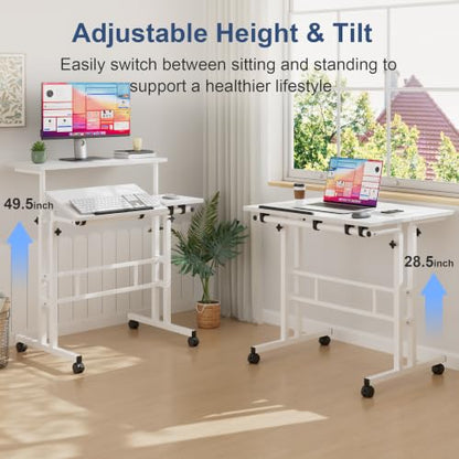 VECELO Mobile Small Standing Desk Adjustable Height, Computer Workstations with Tiltable Tabletop, Lockable Wheels, Portable Rolling Laptop Desk for Home Office, White - color: White