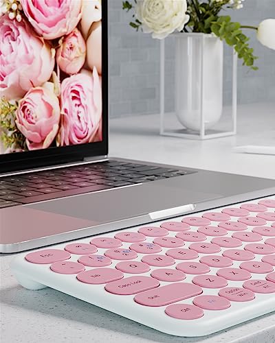 Mini Bluetooth Keyboard, Low Profile Quiet Keys (Pink White) | 78-Key Round Keycaps, Multi-Device Connection for iPad, Tablet, Laptop, PC, Mac - color: PINK WHITE