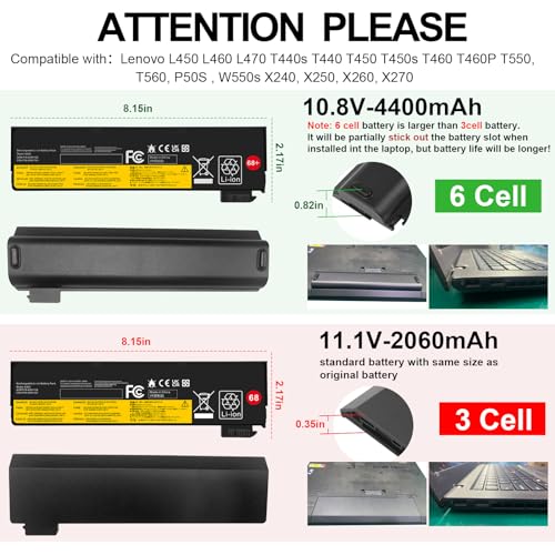 Fancy Buying 0C52861 0C52862 Battery for Lenovo Thinkpad L450 L460 L470 T440 T440s T450 T450s T460 T460P T470P T550 T560 K2450 S440 S540 P50S W550 W550S X240 X250 X260 X270 Series 45N1128 45N1734 - size: 8.11*2.52*0.35inch