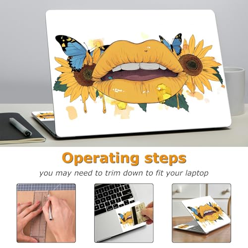 Universal Laptop Skin Sticker with 2 Wrist Pad Decals, 3-Piece Removable Vinyl Laptop Cover, Yellow Lip Sunflower Waterproof Anti-Scratch, Easy-Trim Fit for 13.3" 14" 15.6" Laptops - color: Yellow Lip Sunflower