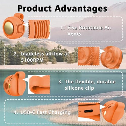 Portable Clip-On Fan, Mini USB Rechargeable 360° Rotatable Fan, Personal Fan 3-Speed Silent Mini Bladeless Fans (Orange) - color: 1 pack (A-Orange)