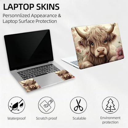 Highland Cow Butterfly Floral Universal Laptop Skin Sticker 3PCS, Protective Decal Trim-to-Fit 11.6" 13.3" 14" 15.6" Laptop Vinyl Cover, Removable Anti-Scratch Computer Decal Protector - color: Highland Cow Butterfly Floral