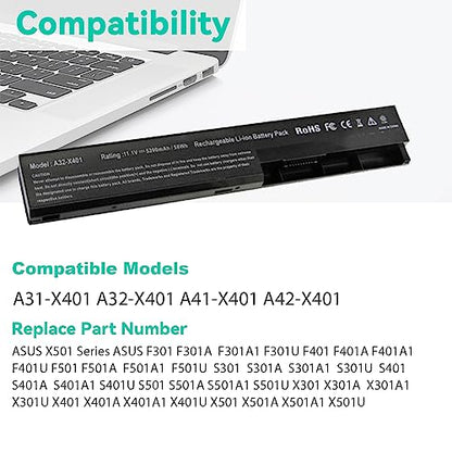 Fancy Buying Laptop Notebook Battery Compatible with Asus X501A X301 X301A X301U X401 X401A X401U X501 X501U A31-X401 A32-X401 A41-X401 A42-X401 - size: 10.13*2.15*0.77inch