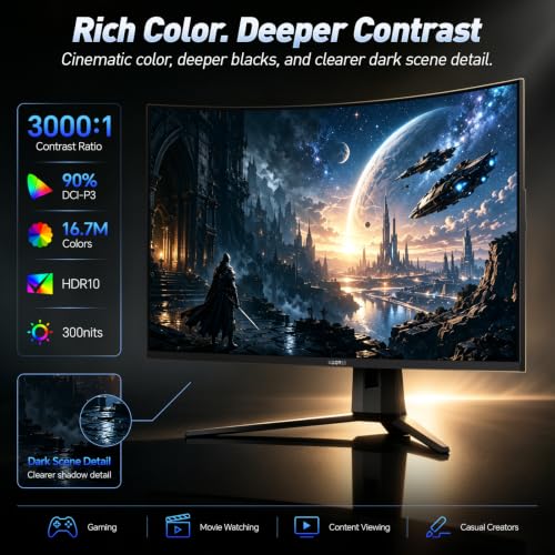 KOORUI 32 inch Curved Gaming Monitor, QHD 170Hz, 1ms 1500R Display | 2560×1440 Monitor, Adaptive Sync, 90% DCI-P3, HDMI×2 and DP, VESA, FPS & Console Gaming, Immersive Gaming, Home Entertainment - size: 32inch 170Hz/QHD/Curved