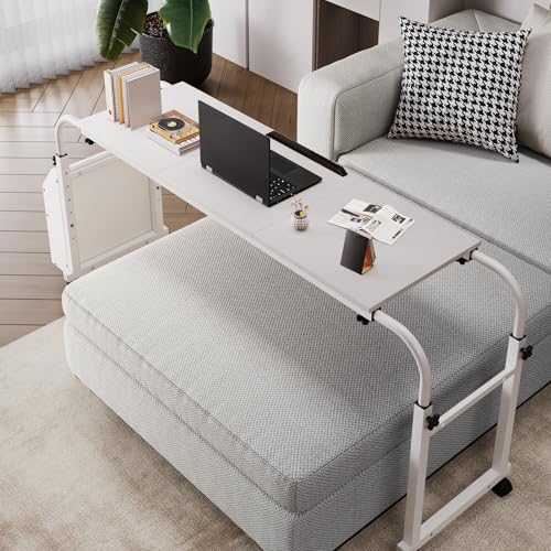 Overbed Table with Wheels,60.6-84.2 inches Mobile Bed Desk, White | Rolling Computer Desk with 0-65°Tilt Stand,4 Heights and 6 Lengths,Side Storage Basket,for Home,Office and Hospital - color: White