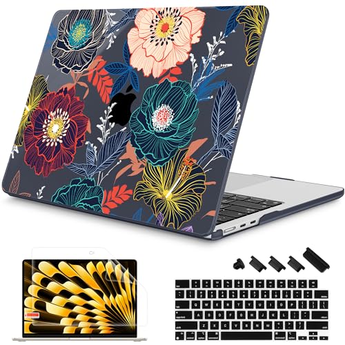 Mektron for 2026/2025/2024/2023 MacBook Air 15 INCH M5 A3448 /M4 A3241 /M3 A3114 /M2 A2941 Case, Printed Plastic Hard Shell Cover with 15.3" Liquid Retina Display Touch ID, Dahlia Flowers - color: Dahlia Flowers