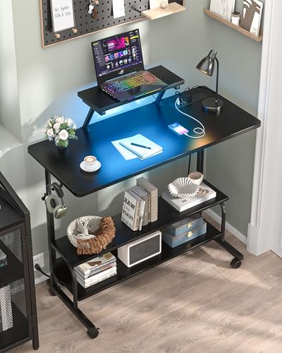 Height Adjustable Standing Desk with Power Outlets and LED Lights - 39" Manual Stand Up Desk with Monitor Stand and Storage Shelves Small Mobile Rolling Computer Desk Portable Laptop Table, Black - color: Black, size: 39''