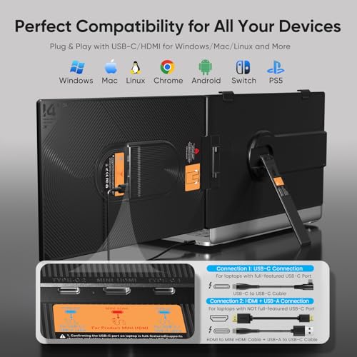 Laptop Screen Extender, 14" FHD 1080P Dual Screen Monitor for Laptop Ultra-Light Portable Monitor with USB-C/HDMI, Plug & Play for Windows/Mac/Chrome/Android - size: 14.1"