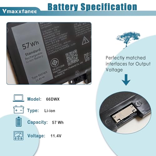 57Wh 66DWX Laptop Battery Replacement for Dell Latitude 7640 7650 7340 7350 7440 7450 Series Notebook WW8N8 00HYH8 0HYH8 086D0Y 86D0Y 0CTJJ6 11.4V 4878mAh - size: 10.02*3.14*0.24 inch 66DWX