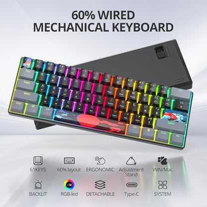 60% Mechanical Keyboard Grey and Black, Compact 60 Percent Gaming Keyboard RGB Backlit, 61 Keys Mini Keyboard, USB Wired Office Keyboard for Windows Mac Laptop PC (61 Dark/Blue Switches) - color: 61 Dark/Blue Switch