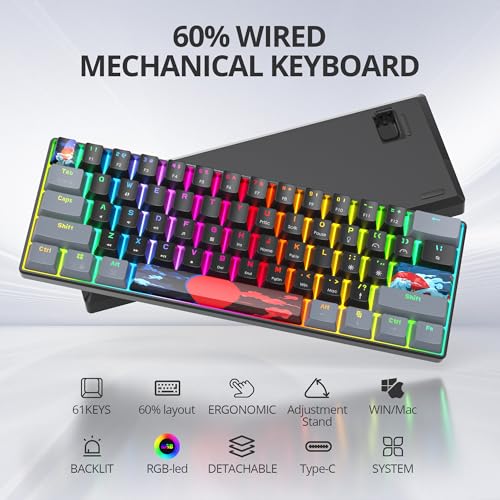 60% Mechanical Keyboard Grey and Black, Compact 60 Percent Gaming Keyboard RGB Backlit, 61 Keys Mini Keyboard, USB Wired Office Keyboard for Windows Mac Laptop PC (61 Dark/Red Switches) - color: 61 Dark/Red Switch