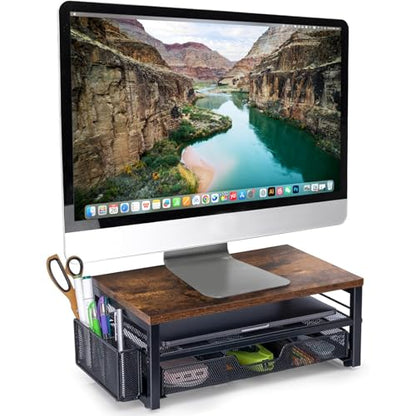 Monitor Riser with Drawers and Pen Holders | Wood & Mesh Metal Computer Monitor Stand with Storage for Desk, Rustic Brown