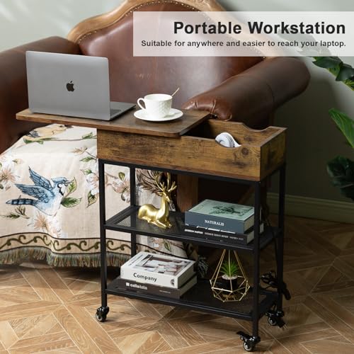 Hadulcet Narrow End Table with Charging Station & Rotating Top, Couch Snack Tables, Swivel Table for Recliner Living Room & Bedroom, Rolling Slim Side Table on Wheels, Skinny Nightstand, Rustic Brown - color: Rustic Brown