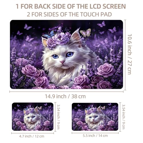 Universal Laptop Skin Sticker for 12/13/14/15.6 Inch Laptops, Reusable Vinyl Laptop Decal Cover, Waterproof Scratch Resistant Notebook Skin with 2 Wrist Pads,Flower Bed with Cute White Cat - color: Flower Bed with Cute White Cat