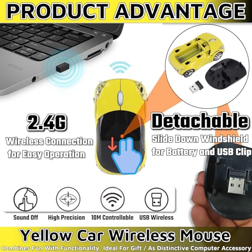 Yellow Wireless Mouse，1600DPI 2.4G with USB Reciver Car Mouse for Computer Wireless Computer Mouse Wireless Cute Wireless Mouse for Laptop Tablet for Mac OS Windows （Yellow） - color: Yellow