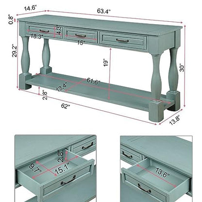 63.4" Solid Wood Console Table with Drawers,Farmhouse Entryway Table | 63.4" Sofa Table with Storage Drawers and Shelf;Solid Wood Entryway Table for Hallway,Foyer,Easy Assembled, Retro Green - color: Green
