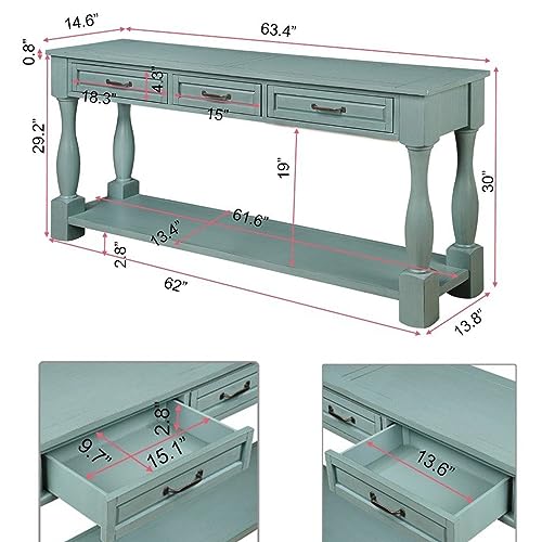 63.4" Solid Wood Console Table with Drawers,Farmhouse Entryway Table | 63.4" Sofa Table with Storage Drawers and Shelf;Solid Wood Entryway Table for Hallway,Foyer,Easy Assembled, Retro Green - color: Green