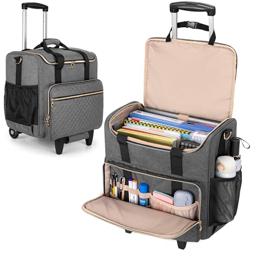 LUXJA Rolling Teacher Bag with Wheels and 15.6" Laptop Compartment, Gray | Rolling Briefcase for Women, Teacher Tote Bag for Office Work with Detachable Dolly and Shoulder Strap, Ample Storage Pockets - color: Gray