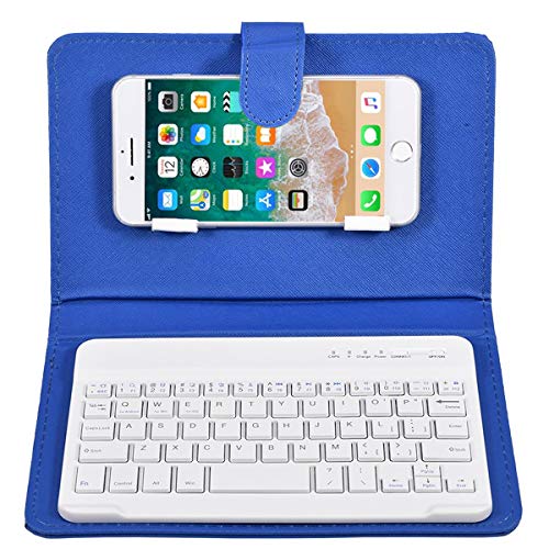 Portable Bluetooth Keyboard with Leather Case Cover with for 4.5''-6.8'' iOS, Android and Windows Smart Phones, Detachable with Kickstand - color: Blue