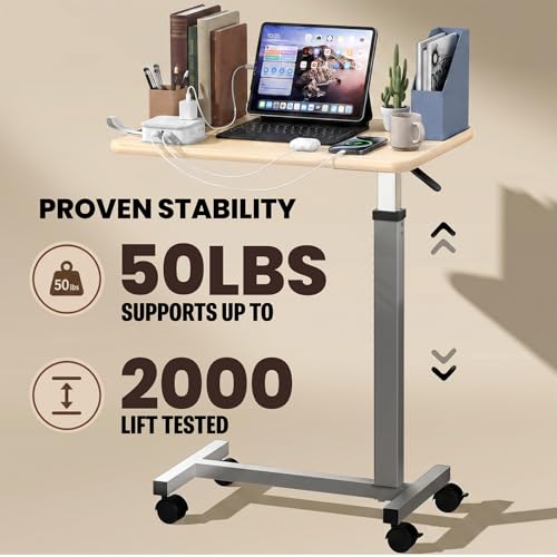 WOTURE Pneumatic Adjustable Overbed Bedside Table with Wheels - Hospital & Home Use, Medical Bed Table, Mobile Standing Desk, Rolling Laptop Cart, Non Tilt Surface(23.6" L x 15.7" W, Maple) - color: Maple