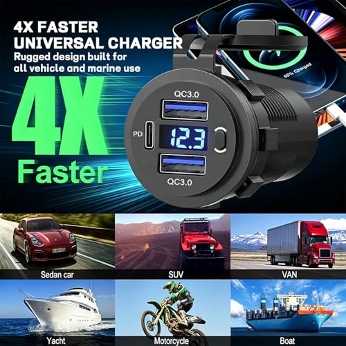 72W Dual USB Quick Charge 3.0 & PD USB C Car Charger Socket, 12V/24V USB Outlet with LED Voltmeter, Power Switch, 4X Faster Charging, Multi-Protection, Universal for Car, Boat, Truck & RV(Blue) - color: blue