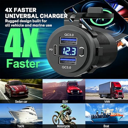 72W Dual USB Quick Charge 3.0 & PD USB C Car Charger Socket, 12V/24V USB Outlet with LED Voltmeter, Power Switch, 4X Faster Charging, Multi-Protection, Universal for Car, Boat, Truck & RV(Blue) - color: blue