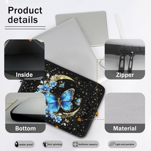 Blue Butterfly Moon 10 Inch Girls Women Laptop Sleeve Bag Computer Cover Zipper Tablet Carrying Case Protective Notebook Sleeves Briefcase Handbag for Travel/Business/School - color: Blue Butterfly Moon, size: 10 Inch
