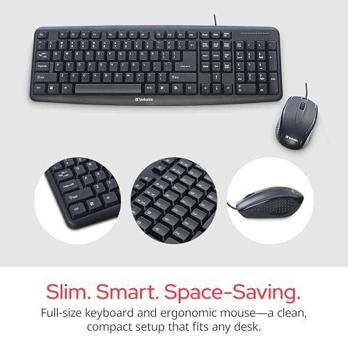 Verbatim Slimline Wired Keyboard and Mouse Combo USB Plug-and-Play Numeric Keypad Adjustable Tilt Legs Optical Corded Mouse Full-Size Computer Keyboard Compatible with PC, Laptop - FFP Packaging Black - style: Wired Keyboard & Mouse