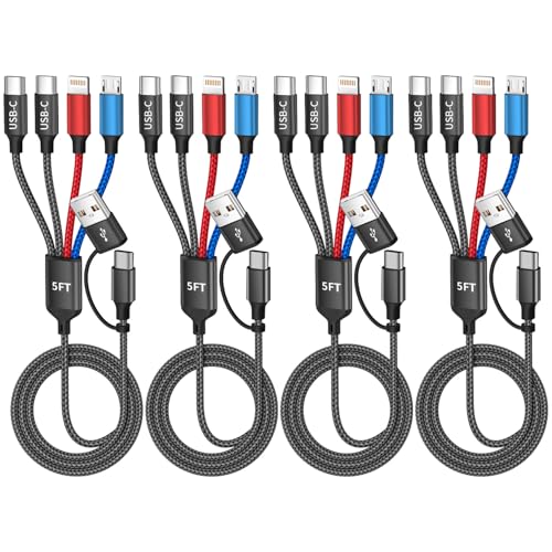 Travel Essentials 2026, 4 in 2 Charging Cable with Dual Type-C/IP/Micro USB | 4Pack 5FT USBA/C Multi Charging Cable for Multiple Devices, Phone Charger Cord for iPhone17-8, Android, More, Car Accessories - color: Multicolored, size: 4Pack 5FT