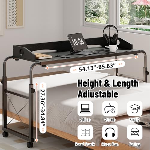 Overbed Table with Wheels, Adjustable Queen Size Bed Desk, Black | Fits Twin To King Beds, Adjustable Height & Length Rolling Over Bed Table For Hospital and Home, with 4 Locking Casters - color: Black