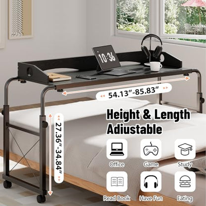 Overbed Table with Wheels, Adjustable Queen Size Bed Desk, Black | Fits Twin To King Beds, Adjustable Height & Length Rolling Over Bed Table For Hospital and Home, with 4 Locking Casters - color: Black