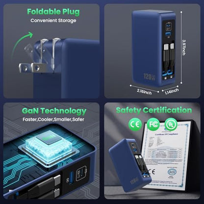 120W USB C Charger Block with 2 Built-in Retractable Cables,4-in-1 GaN IV Foldable Plug Wall Charger Fast Charging Station,PD 65W Laptop Adapter for Macbook/iPad,iPhone 17/16/15/14,Android (Dark Blue) - color: Dark Blue