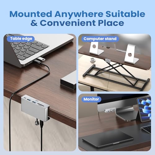 EJAY Clamp USB Hub 5-in-1 USB C Hub 59" Cable for iMac & PC | | Aluminum | Mountable Splitter | Desktop Edge Fixed Hub | Home Office Setup - color: Silver