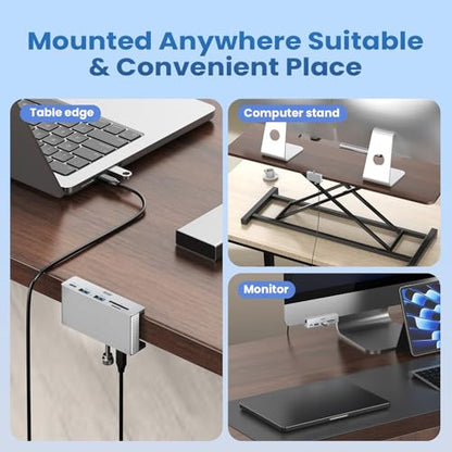 EJAY Clamp USB Hub 5-in-1 USB C Hub 59" Cable for iMac & PC | | Aluminum | Mountable Splitter | Desktop Edge Fixed Hub | Home Office Setup - color: Silver