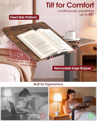 Sakugi Overbed Bedside Table with Wheels, Right-Side Tilt Top, Laptop Desk | Home & Office, Hospital Bed Table, Rolling Bed Tray, Height Adjustable, Brown,12.9" D × 27.6" W × 29.1"–39" H - color: Brown