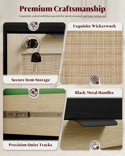 HOPUBUY 2 Drawer File Cabinet with Lock, Printer Stand Lateral | Home Office and School, Wood Rattan Filing Cabinet for Hanging Files/Letter/Legal/A4/F4 Size, Black, 2Drawer, Set1 - color: Black, size: Set1