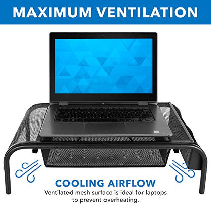 Mount-It! Metal Mesh Monitor Stand with Drawer, Ergonomic Desk Organizer and Riser for Monitors and Laptops, Desktop Stand with Extra Storage and Side Pocket, Black