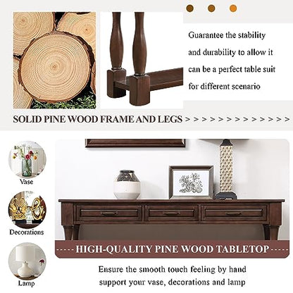 60" Solid Wood Console Table for Entryway,Sofa Table with 3 Drawers | 60" Espresso Entryway Table with Storage Drawers & Shelf,Solid Wood Long Sofa Table for Hallway,Foyer,Entry,Easy Assembled - color: Espresso