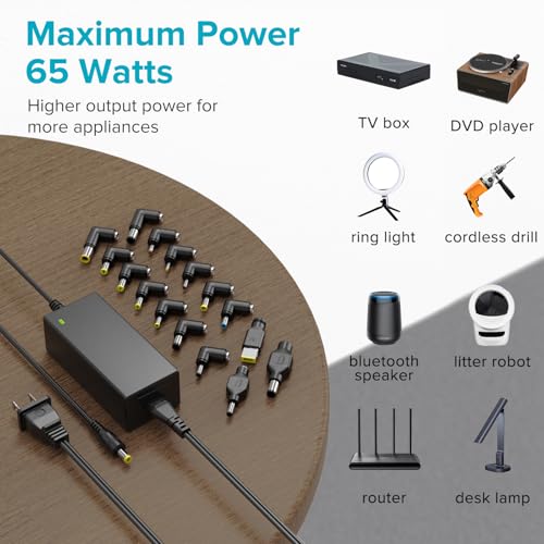Powseed 65W Universal Laptop Charger for Lenovo HP Dell Acer ASUS Gateway Samsung Monitor Power Cord 5V 6V 10V 12V 13.5V 14V 15V 16V 18V 18.5V 19V 19.5V 20V DC Power Supply AC Adapter with 16 Tips