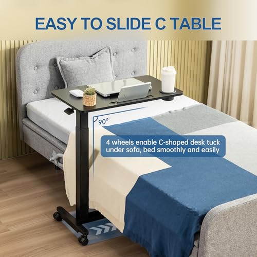 Adjustable Overbed Table with Wheels, Over Bed Tray with Cup Holder | Rolling Medical Adjustable Height Standing Laptop Desk, Portable Hospital Bedside Tables, Pneumatic Computer Cart| Black - color: Black