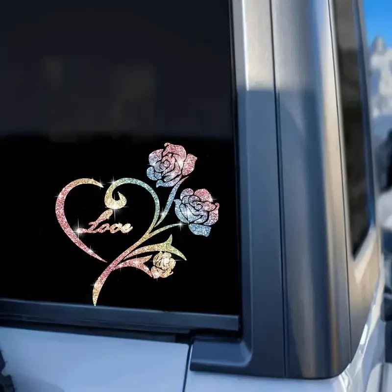 2pcs Sparkling Sunflower Heart Shaped Rose Self-Adhesive PVC Rainbow Glittery Decal Sticker for Cars, Laptops, Trucks, Motorcycles Wall Window Luggage Scratch Cover Door Multi-Surface Decor Sticker