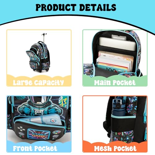 Meetbelify Kids Rolling Backpack with Wheels for Elementary Preschool Students Boys Travel Luggage Carry on Backpack for Boys Ages 6-8 Space - color: 02 Space
