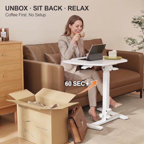 ROMOON Foldable Standing Desk with Wheels: No-Assembly, Height Adjustable | Rolling Laptop Cart with Tilt Top, Collapsible Mobile Workstation for Home Office, Sofa, Bedroom and Small Spaces, White - color: White